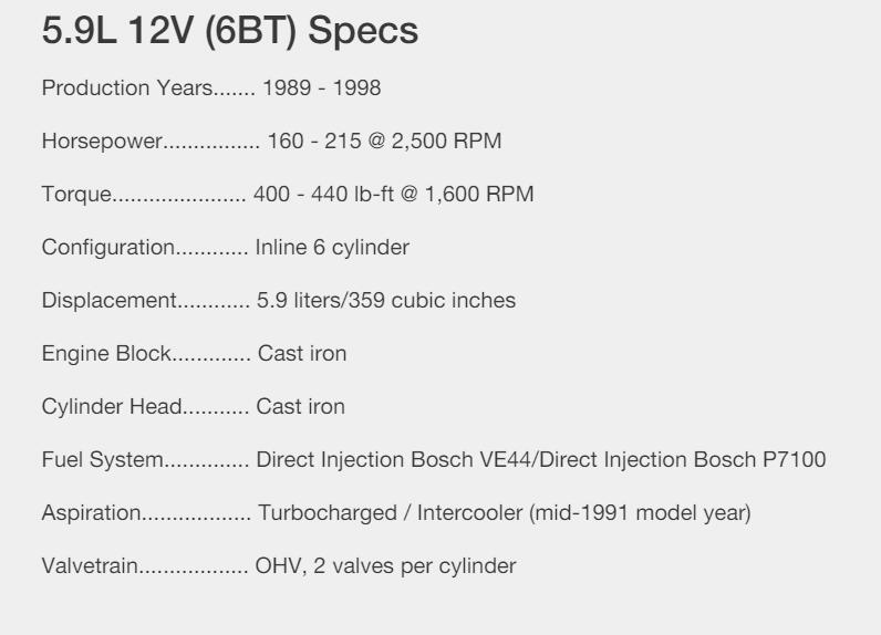 5.9L 12V (6BT) Especificaciones